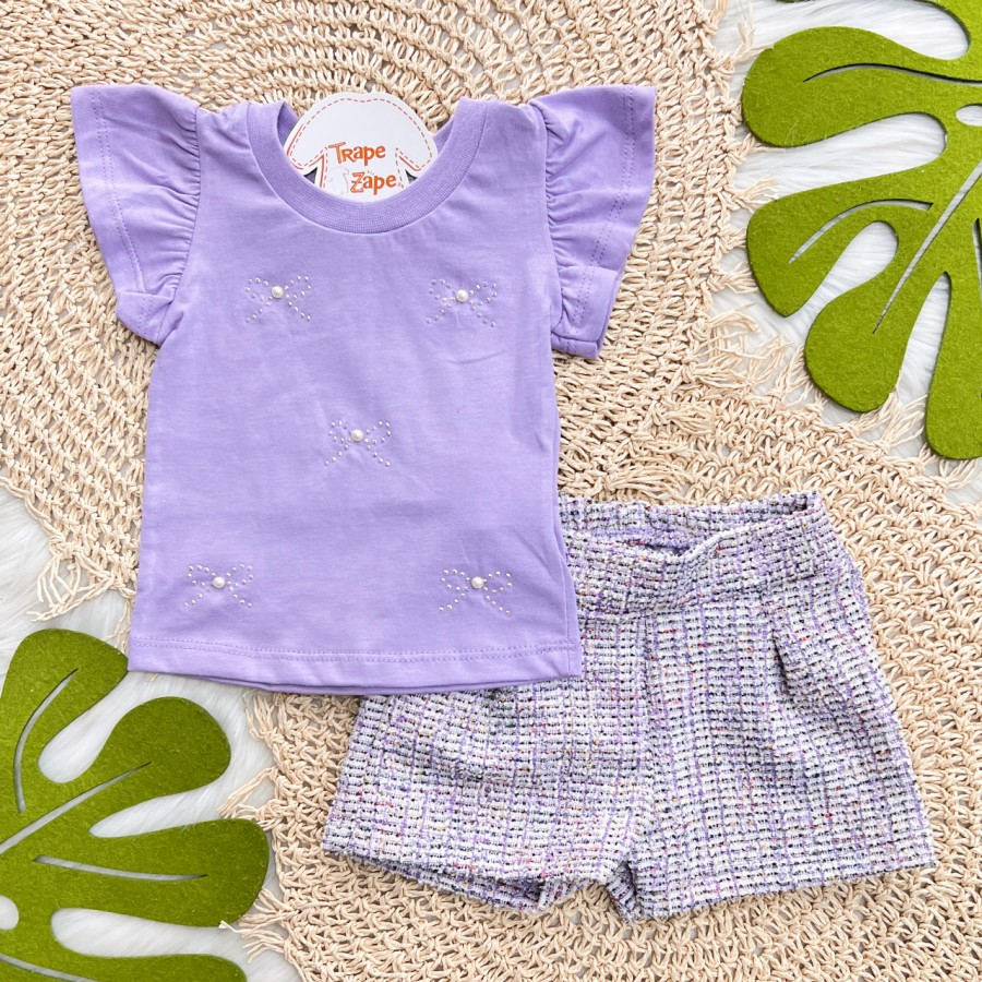 Conj. Blusa Laço de Strass com Pérola e Short Tweed - Lilás